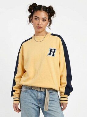 Vintage Tommy Hilfiger Varsity Sweatshirt Yellow Navy Crewneck Logo Unisex  Y2K